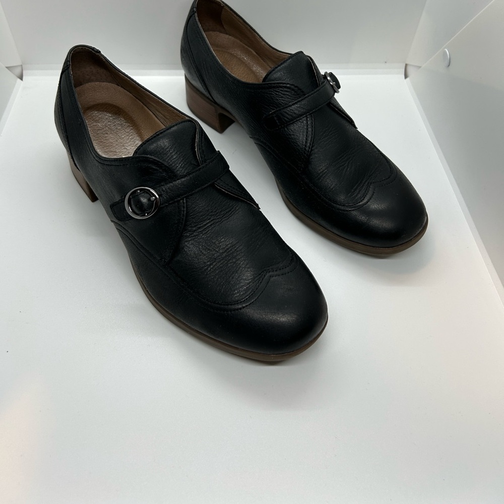 Black Leather Buckle Loafers for Women